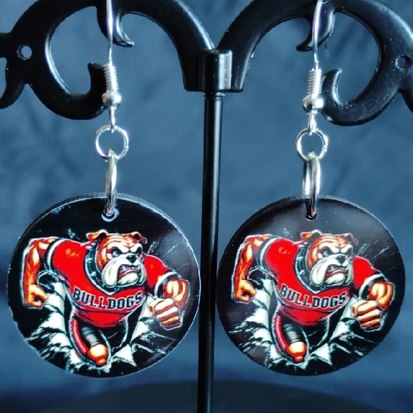 Hand Crafted Jewelry - Hand Crafted Bulldog Earrings - Red and Black